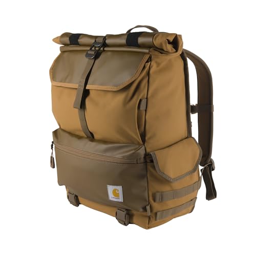 Carhartt 40L Nylon Roll Top Backpack, Heavy-Duty Water-Resistant Material W/ 17" Laptop Sleeve, Carhartt Brown