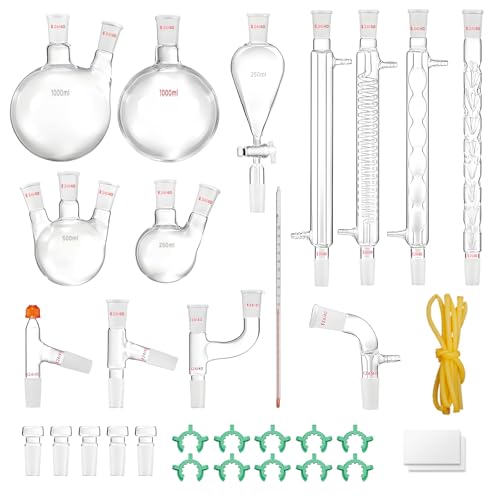 New Laboratory Glassware 24/40 Chemistry Glassware 32PCS Chemistry Lab Glassware Kit 250 1000ml for Distillations Separation Purification Synthe（24/40, 32PCS）