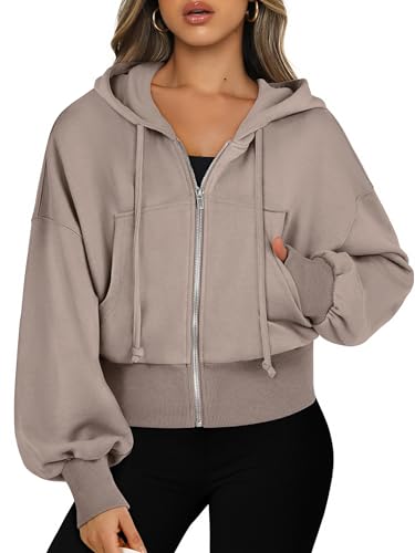 ANRABESS Women's Zip Up Hoodies Cropped Sweatshirts Casual Zip Jackets 2025 Fashion Trendy Fall Outfits Khaki Large
