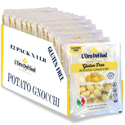 L'Oro Del Sud Pack of 12, Gluten Free Potato Gnocchi, Cooks in 2-3 Minutes, Shelf Stable, (12 Pack x 1 lb) Product of Italy, NON GMO, Wheat Free, Eggs Free, Vegan (1 Pound (Pack of 12))
