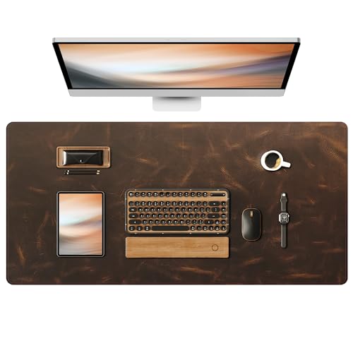 YSAGi Leather Desk Mat, 35.4"x17"Real Leather Desk Pad,3mm Thick Desk Blotter with Stiched line,Oil-Wax Feel Mouse pad and Self-Healing Laptop Pad for Home & Office(Classic Dark Brown)