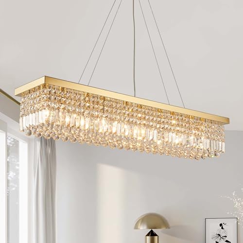 7PM Rectangle K9 Crystal Chandelier Modern Gold Crystal Chandelier Rectangular Pendant Lighting Fixture for Dining Room Kitchen Island Bedroom L47'' x W10'' x H10''