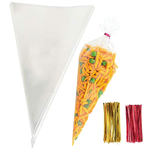 Cone Cellophane Bags,200 Pieces 6.3"x11.8" Cello Clear Cone Shaped Treat Bags with Twist Ties, Plastic Cone Bags Triangle Bags for Popcorn Favor Candy