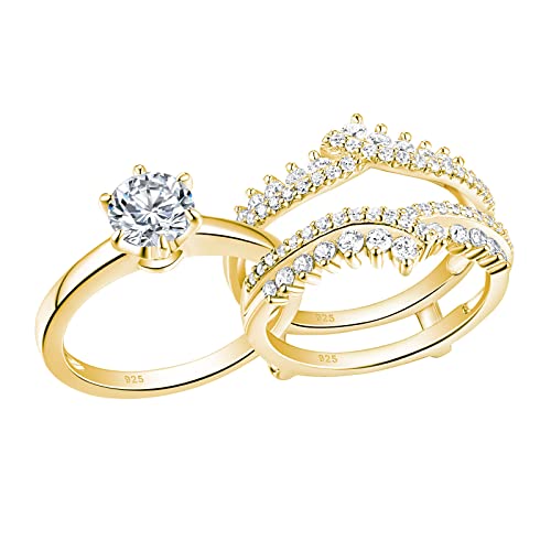Newshe Jewellery Wedding Rings for Women AAAAA Cz Engagement Ring Enhancer Band Bridal Set 925 Sterling Silver 1.8Ct Yellow Gold Size 7