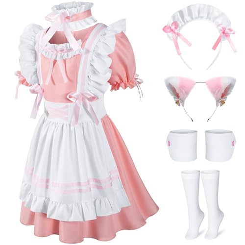 Kids French Maid Costume Maid Apron Fancy Dress Halloween Outfit Cosplay Costume Accessories Set(PK 120) Pink