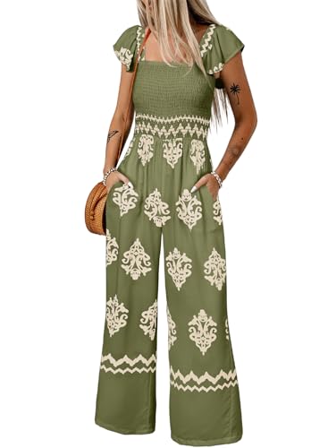 Happy Sailed Rompers for Women 2025 Summer Boho Floral Printed Womens Jumpsuit Maternity Overalls Short Sleeve High Waist Wide Leg Pants Romper with Pockets Beach Vacation Outfits Green X-Large