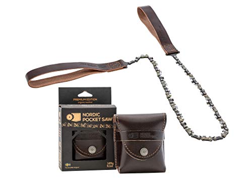 Nordic Pocket Saw for Camping - 25.6 Inch Pocket Chainsaw with 33 Bi-Directional Teeth - Made in Sweden with Organic Leather Handles and Case- Survival Saw and Emergency Saw for Clearing Trails
