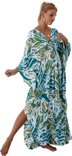 Women Kaftan Dress Hand Woven V Neck Swim Cover up Caftan Rayon Cotton Kaftan Dresses Floral Ethnic Print Beach Kaftans Plus Size Over Sized Swimsuit Cover Up for Swimwear 8772-26