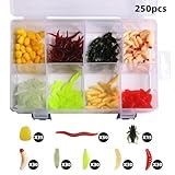 Naiveferry 250Pcs Fishing Soft Plastic Lures, Silicone Maggot Worm Fishing Bait Artificial Worm Cricket Simulation Corn Fishing Lures with Storage Box for Outdoor Freshwater Saltwater Fishing