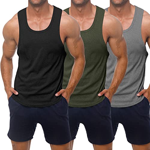 KAWATA Men's 3 Pack Dry Fit Workout Tank Top Gym Muscle Tee Fitness Bodybuilding Sleeveless T Shirts