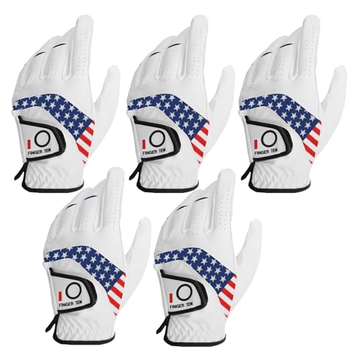 FINGER TEN Golf Gloves Men Left Hand Right Leather Value 5 Pack, Mens Golf Glove for Right Left Handed Golfer All Weather Grip XXL 3XL (USA Flag, Medium(Worn On Left Hand))
