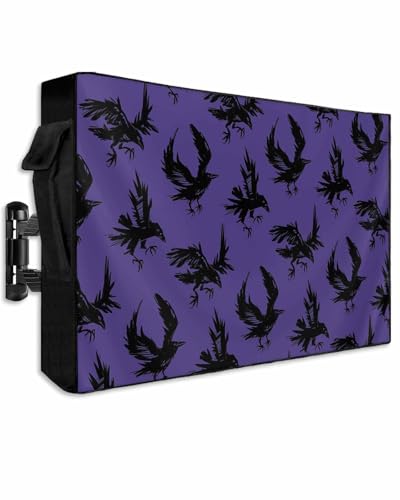 Outdoor TV Cover for Outside Flat Screen Televisions, Halloween Horror Crow Bird 600D Thick Waterproof Weatherproof TV Protector with Zipper for 60 to 65 Inch Screens Hunting Purple and Black