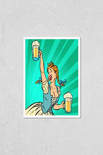 Wall Art Poster Print of Oktoberfest Beer. Woman Waitress in Traditional German Costume. Comic Cartoon Pop Art Retro Illustration Drawing