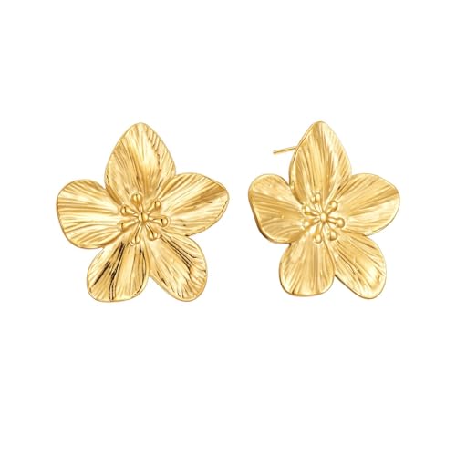Sylph 14K Gold Plated Flower Earrings Large Flower Statement Stud Earrings Chunky Floral 925 Sterling Silver Earrings Trendy Jewelry Gift for Women