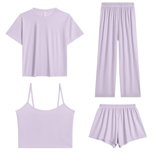STHLCREN Women's Pajamas Set - Ice Silk Four-Piece Pajama Set Sexy Pajamas Loungewear (Small，Purple