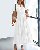 BTFBM Womens Summer 2025 Casual Midi Maxi Dresses Lightweight Short Sleeve V Neck Elastic Waist Boho Beach Dress Pockets(White, Large)