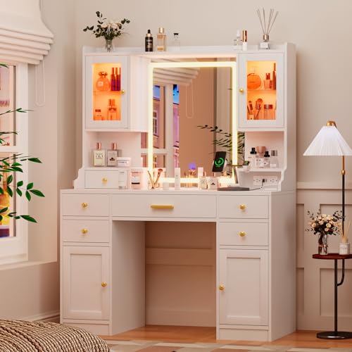 White Makeup Vanity Desk with Mirror and Lights, Large Vanity Table Set with Charging Station, Dressing Table with RGB Cabinets, Makeup Vanity Mirror with Lights Desk and Drawers, 3 LED Lights Modes