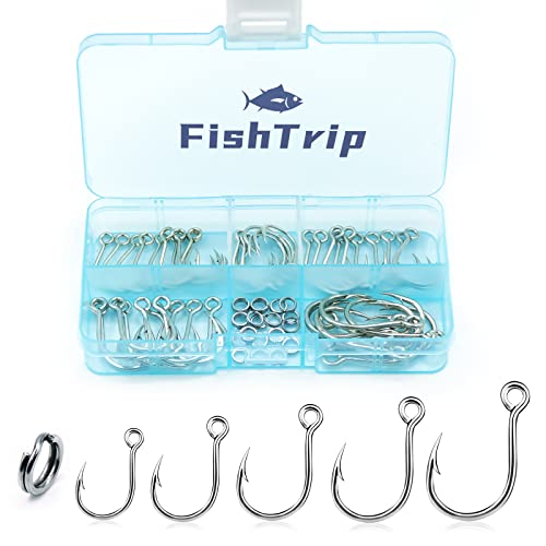 FishTrip 50pcs Inline Fishing Hooks for Treble Hook Replacement, in-Line Single Forged Eyed Hooks with Split Rings for Lures Plugs Saltwater Freshwater