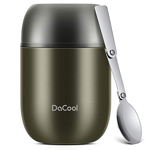 DaCool Food Thermo Insulated Food Jar Lunch Container Vacuum Stainless 16 Ounce Kids Adult Bento Box for Hot Food with Spoon Leak Proof for School Office Picnic Travel Outdoors, BPA free - Gray