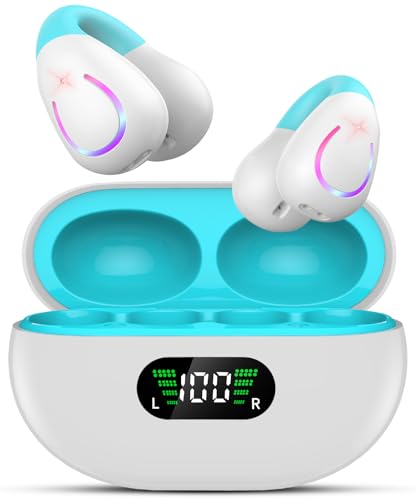 Open Ear Clip On Earbuds Wireless Bluetooth 5.3 Headphones with LED Digital Display Charging Case Button Control Bone Conduction Sport Earphones Built-in Mic IPX7 Waterproof for Running Fitness,Blue