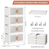 Fixwal 44QT Stackable Storage Bins with Lid, Closet Organizers and Storage with Lockable Wheels, Foldable Plastic Box Containers for Cabinet, Office, Bedroom Organization, 4 PACK Cubes