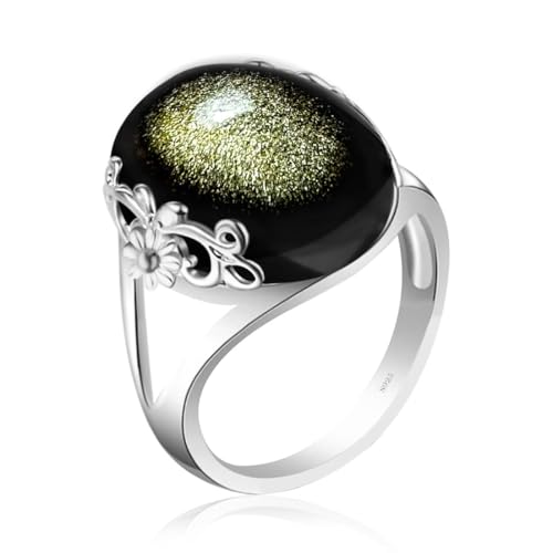 DALEGEM Black Obsidian S925 Sterling Silver Genuine Stone Ring for Women, Natural Black Obsidian Crystal (Obsidian_A, 6)