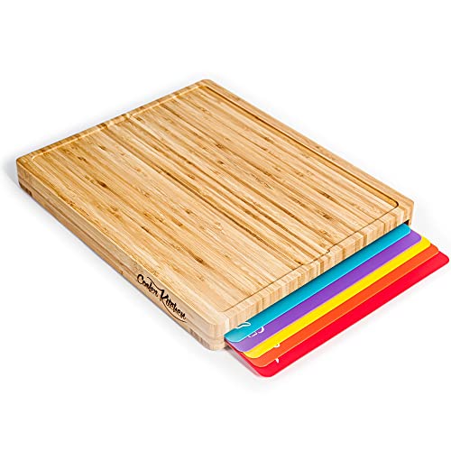 Cutting Boards for Kitchen – Bamboo Cutting Board Set with 6 Color-Coded Flexible Chopping Mats, Easy Clean Wood and Dishwasher-Safe Plastic, Large 17×12, Knife-Friendly by Cooler Kitchen