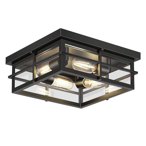 Asnxcju Black Flush Mount Ceiling Light, 4-Light Indoor Outdoor Light Fixtures for Porch with Clear Glass, 12 Inch Modern Close to Ceiling Lights for Bathroom, Covered Patio, Balcony, Foyer