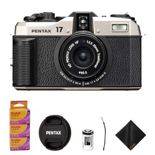 Pentax 17 Compact Film Camera with Half-Frame Format, 25mm F3.5 Lens, Manual ISO 50-3200, 6 Zone Focus, Includes Kodak Gold 200 Color Negative 35mm Roll Film (3 Pack) & Cleaning Cloth Bundle Kit