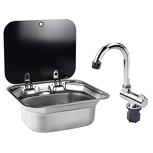 RV Caravan or Boat Stainless Steel Hand Wash Basin Sink with Folded Faucet Tempered Glass Lid van Camper Trailer Accessories (Sink with tapB)