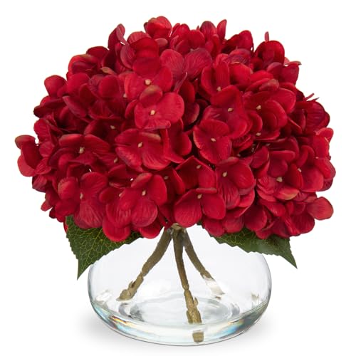 Hollyone Hydrangea Artificial Flowers in Vase Red Silk Fall Fake Flowers Arrangements with Glass Vase with Faux Water Faux Floral Bulk Bouquet for Office Table Centerpiece Shelf Home Decorations