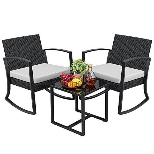 Greesum 3 Piece Patio Furniture Set, All-Weather Imitation Rattan Conversation Set, Outdoor Rocking Chair Bistro Set with Glass Top Coffee Table for Pool, Deck, Porch, Garden or Balcony, White