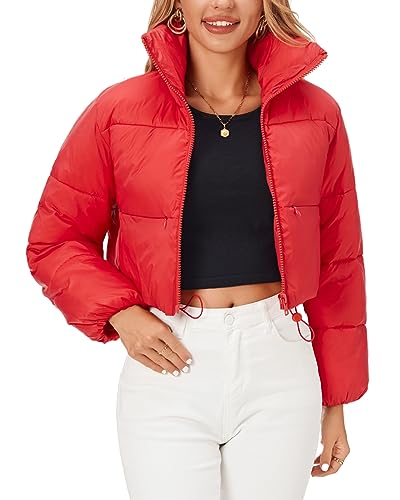 Fuinloth Women's Puffer Jacket, High Stand Collar Zip Pocket Crop Long Sleeve Coat Red Small