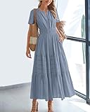 BTFBM Womens Summer 2025 Casual Midi Maxi Dresses Lightweight Short Sleeve V Neck Elastic Waist Boho Beach Dress Pockets(Blue Grey, Medium)