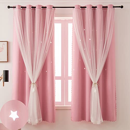 Ftinala Pink Blackout Curtains for Girls Bedroom - Aesthetic Star Cutout Double Layer with Sheer Overlay, 84 Inches Long, 1 Panel Baby Nursery Curtains Kids Room Decor Drapes