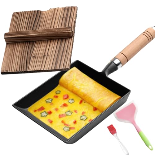GOVNPJ Cast Iron Tamagoyaki Pan Set - Japanese Omelette Pan with Wooden Lid, Silicone Spatula & Oil Brush - 13.78x5.9 Inch Egg Pan for Gas/Induction/All Stovetops