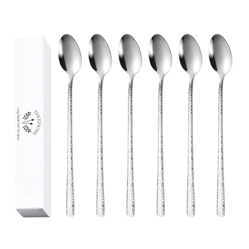 TSWEIHOME 8.4-Inch Hammered Ice Tea Spoons Long Handle, Coffee Spoons, Ice Cream Spoons, Stainless Steel Cocktail Stirring Spoons, Tea Spoons，Set of 6