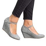 Coutgo Womens Wedge Shoes Mary Jane Pumps Ankle Strap High Heel Round Toe Office Work Dress Shoes Grey