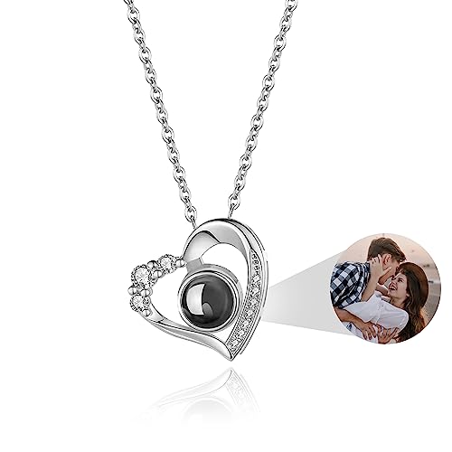 Easycosy Personalized Picture Necklace Projection Necklace with Photo Inside - Custom Photo Heart Pendant Necklace - Mothers Day Love Memorial Gifts for Mom Wife Birthday Anniversary(Sliver)