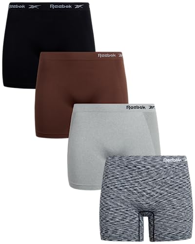 Reebok Womens Boy Shorts Underwear - 4 Pack Seamless Long Leg Boyshorts Panties for Women (S-3X, available in Plus Size), Size 3X, Black/Pinecone/Light Grey/Black Spacedye
