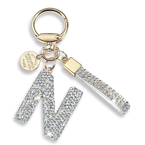 Pink Blue White Initial Letter Keychain Gift for Women Girls Bling Sparkly Cute Backpack Car Key Accessories Lanyard (N-white)