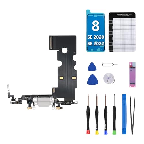 CYKJGS for iPhone 8 Charging Port OEM White Headphone Jack USB Replacement Charge Dock Connector Antanna Cable for iPhone SE 2020 Assembly Full Repair Tools Kit with Magnetic Pads A1863 A1905 A1906