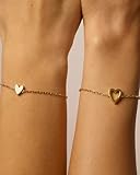 PAVOI 14K Yellow Gold Plated Matching Heart Charms Solitaire Bracelet Set for Women | Adjustable Love Friendship Two Bracelet Pack