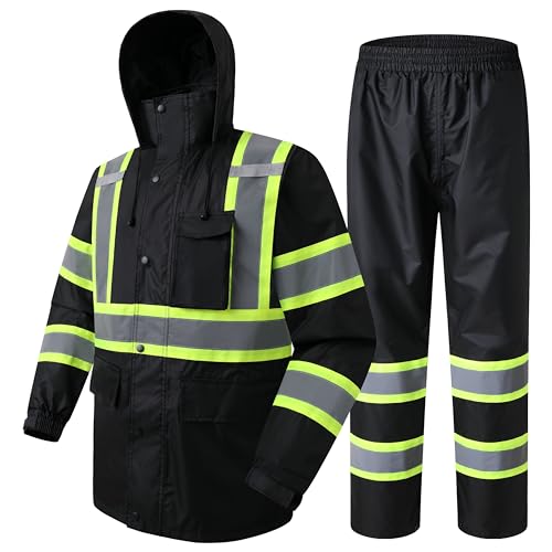 JKSafety Hi-Vis Reflective Safety Rain Jacket and Pants for Men Women Waterproof Rain Gears for Farming Fishing Work HV Rain Suit with Inner Mesh Lining and Pockets (117-Black M)