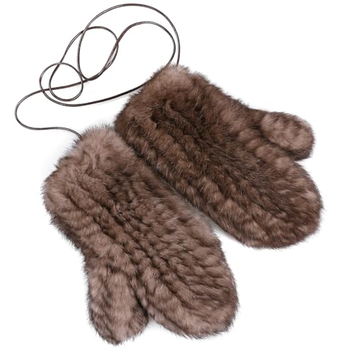 Luxury Women's Genuine Rabbit Fur Knitted Mittens-Soft Winter Cold Weather Gloves-Removable Rope String (Brown, One Size)