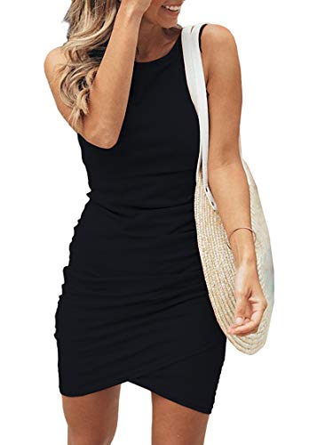 BTFBM Women Casual Dress Crew Neck Ruched Summer Sleeveless Tank Bodycon Shirt Short Mini Dresses (106Black, Medium)