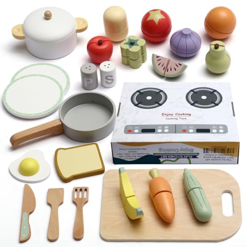 Wooden Food Set for Kids with Cookbook Magical Recipes, Wood Velcro Cutting Fruit and Vegetables Toy for Toddlers, Cooking Pretend Play, Kitchen Accessories, Early Education Toys