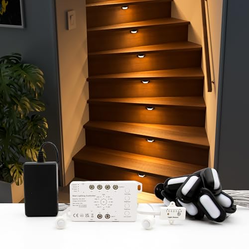 RWOFNIA Motion-Triggered LED Stair Lighting Kit SSL-0516-B, Dimmable Delay Lights Off Day/Night Function Suilt for Indoor Stair Lights (Warm White 3000K, 16 Stairs)