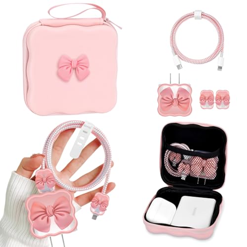 CameCosy DIY Phone Charger Storage Case Cover Sets for iPhone with Cable Protector Earphone Wire Saver, Lovely Travel Storage Bag, Cute Cable Charger Protector Cord Organizer (Pink Bow Tie)