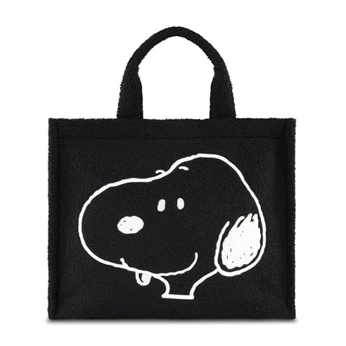 Concept One Peanuts Snoopy Tote Bag, Faux Fur Travel Handbag with Adjustable Shoulder Strap and Trolley Sleeve, Black